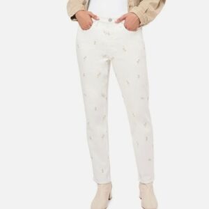 Cream Jeans with Floral Embroidery